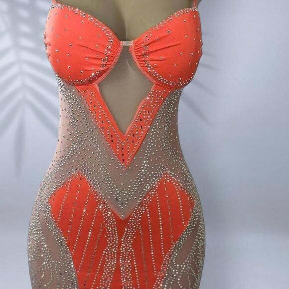 β¨ Orange Rhinestone Mesh Mini Dress - Picture 2 of 5